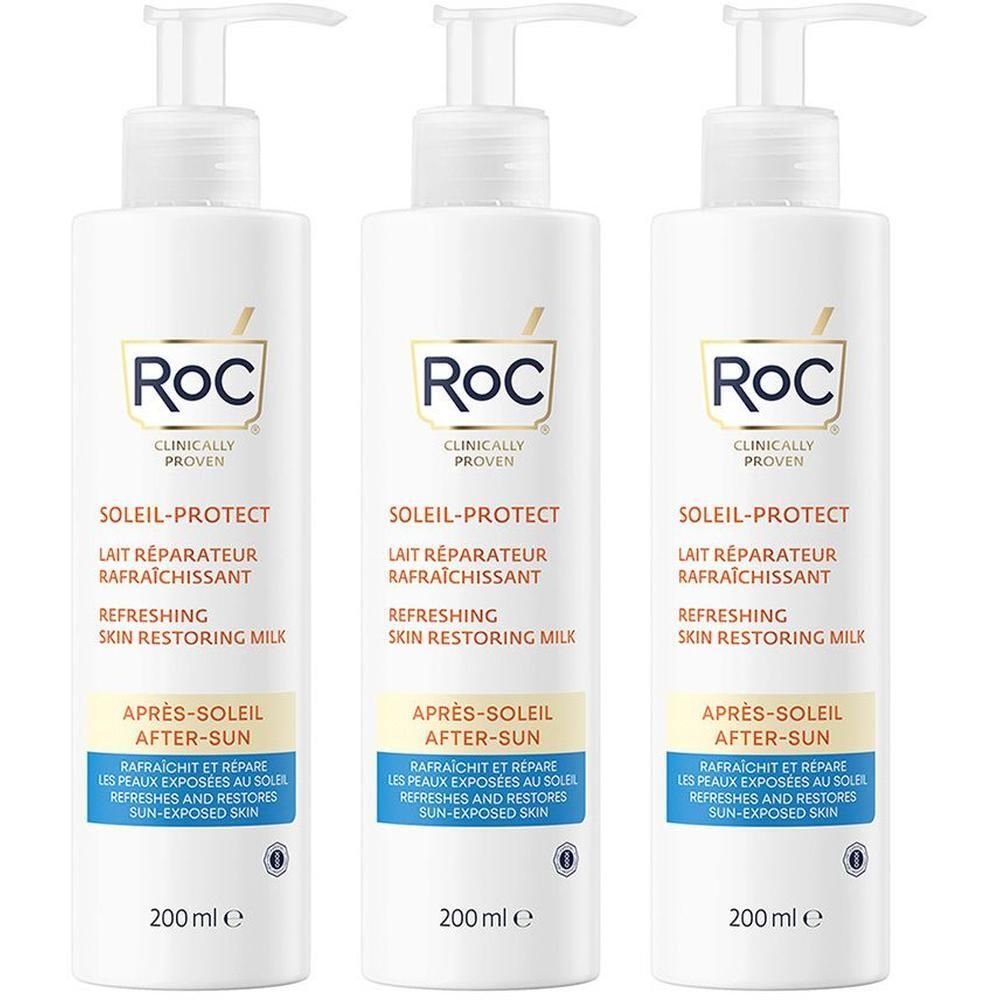 Drie witte flessen met pomp. Opschrift "RoC Soleil-Protect" en andere productinformatie.