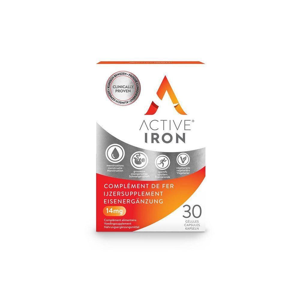 Verpakking Active Iron®. Bevat 30 capsules. Opschrift: IJzersupplement, 14mg. Klinisch bewezen.
