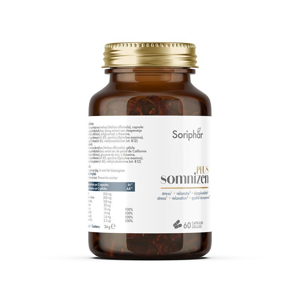 Flacon en verre brun avec couvercle doré. Étiquette "Somnizen Plus" de Soriphar. 60 gélules.