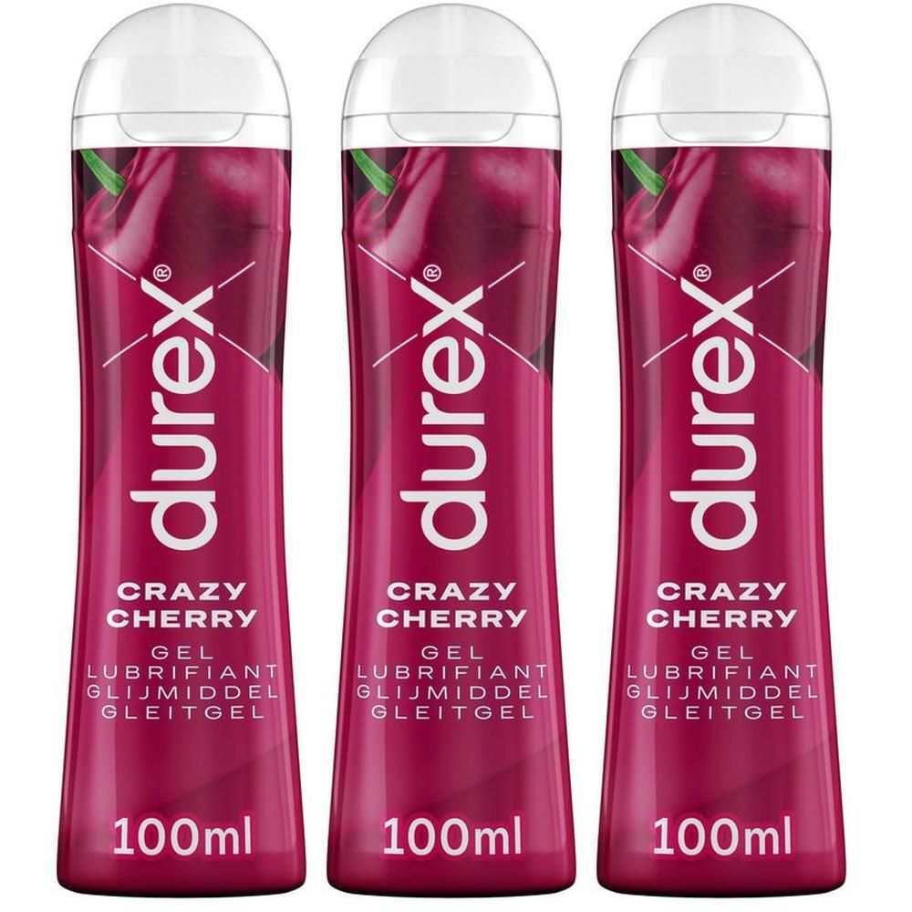 Drie flessen Durex Crazy Cherry Lubrifiant. Rode flessen met witte dop. Opschrift: Crazy Cherry, 100ml.