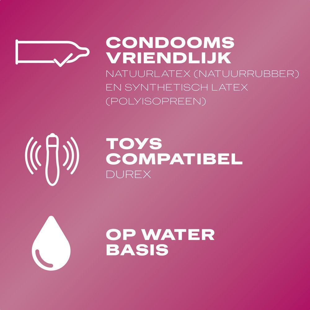 Afbeelding met tekst. Condoms friendly, natuurlijk latex, Toys compatibel, Op water basis. Roze achtergrond.