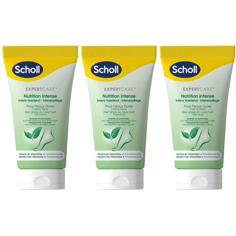 Trois tubes de crème Scholl ExpertCare. Inscription Nutrition Intense. Illustration d'un pied avec des feuilles.