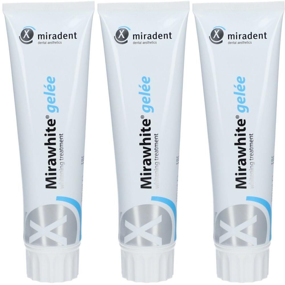 Drie tubes Miradent Mirawhite Gelée. Witte tubes met blauwe en zwarte tekst. Logo: miradent dental aesthetics.