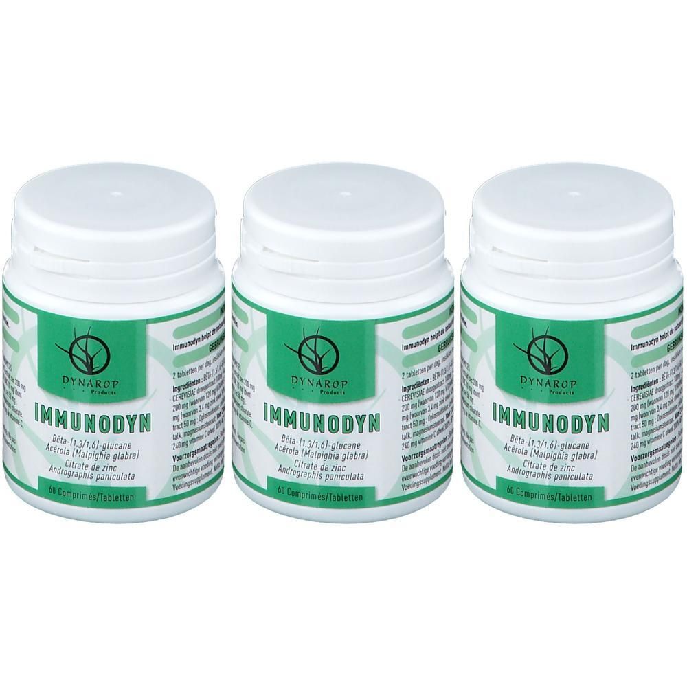Trois flacons blancs avec étiquette verte. Inscription : Immunodyn. Contient du bêta-1,3/1,6-glucane, de l'acérola, du citrate de zinc et Andrographis paniculata.
