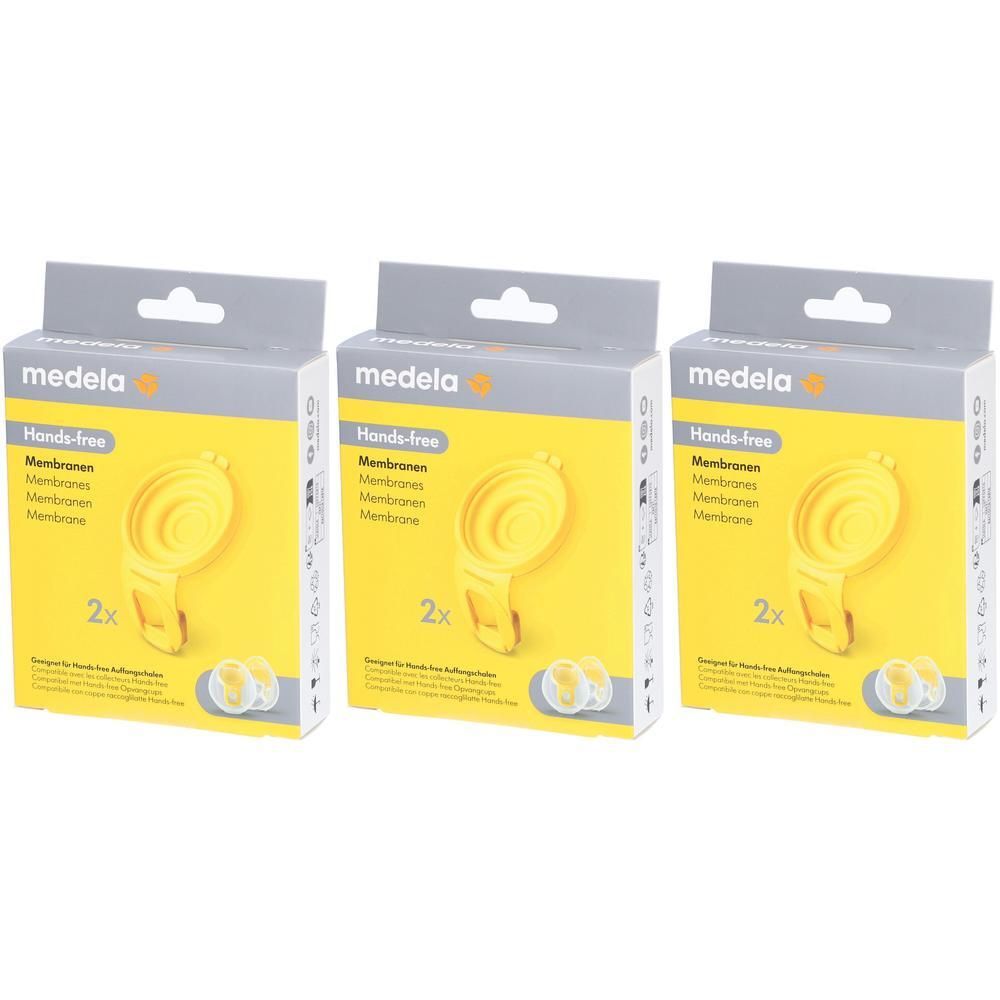 Drie dozen met gele Medela handsfree membranen. Elke doos toont een membraan en de tekst "2x".