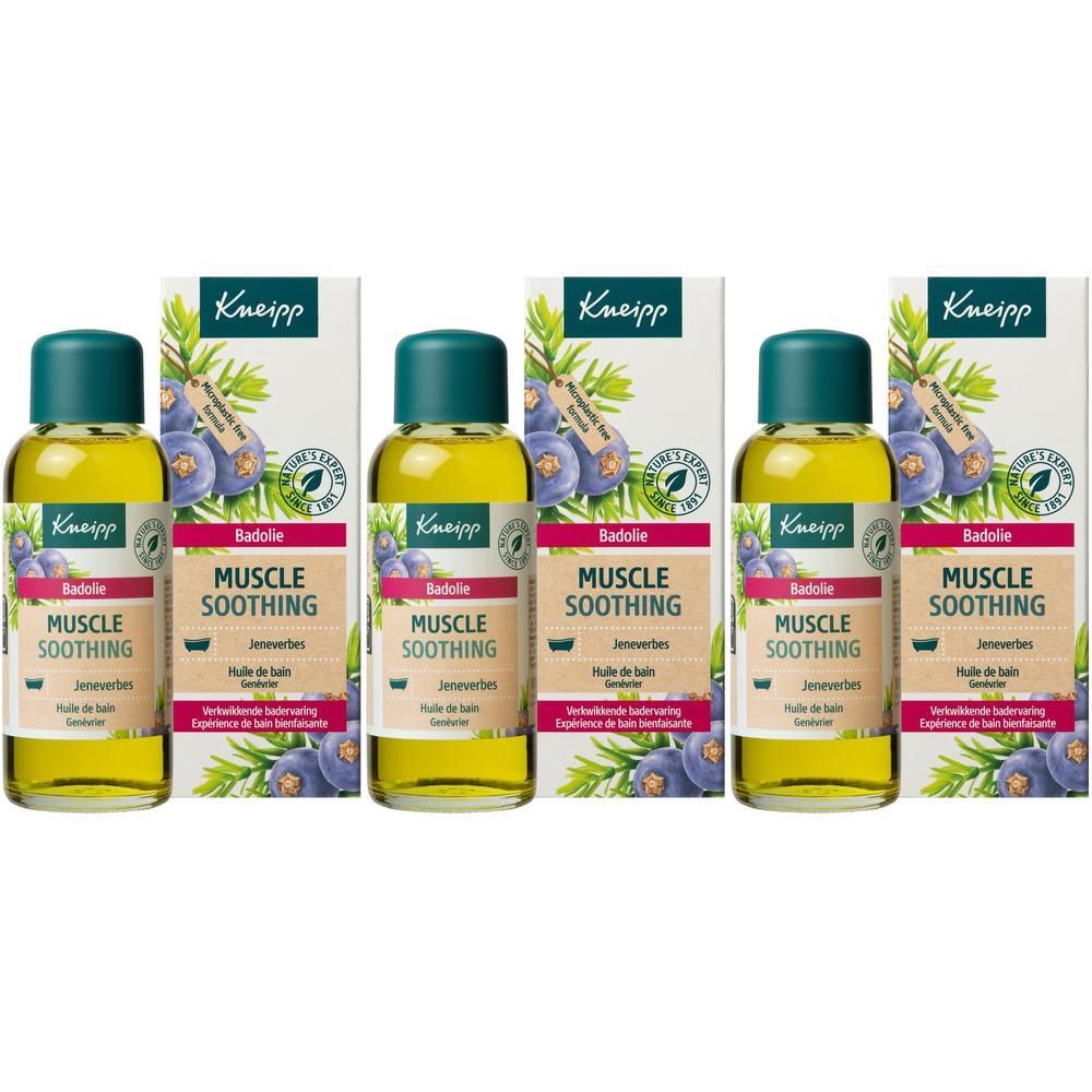 Trois flacons avec bouchon vert et étiquette. Inscription : Kneipp Muscle Soothing. Emballés dans des boîtes blanches avec illustration.
