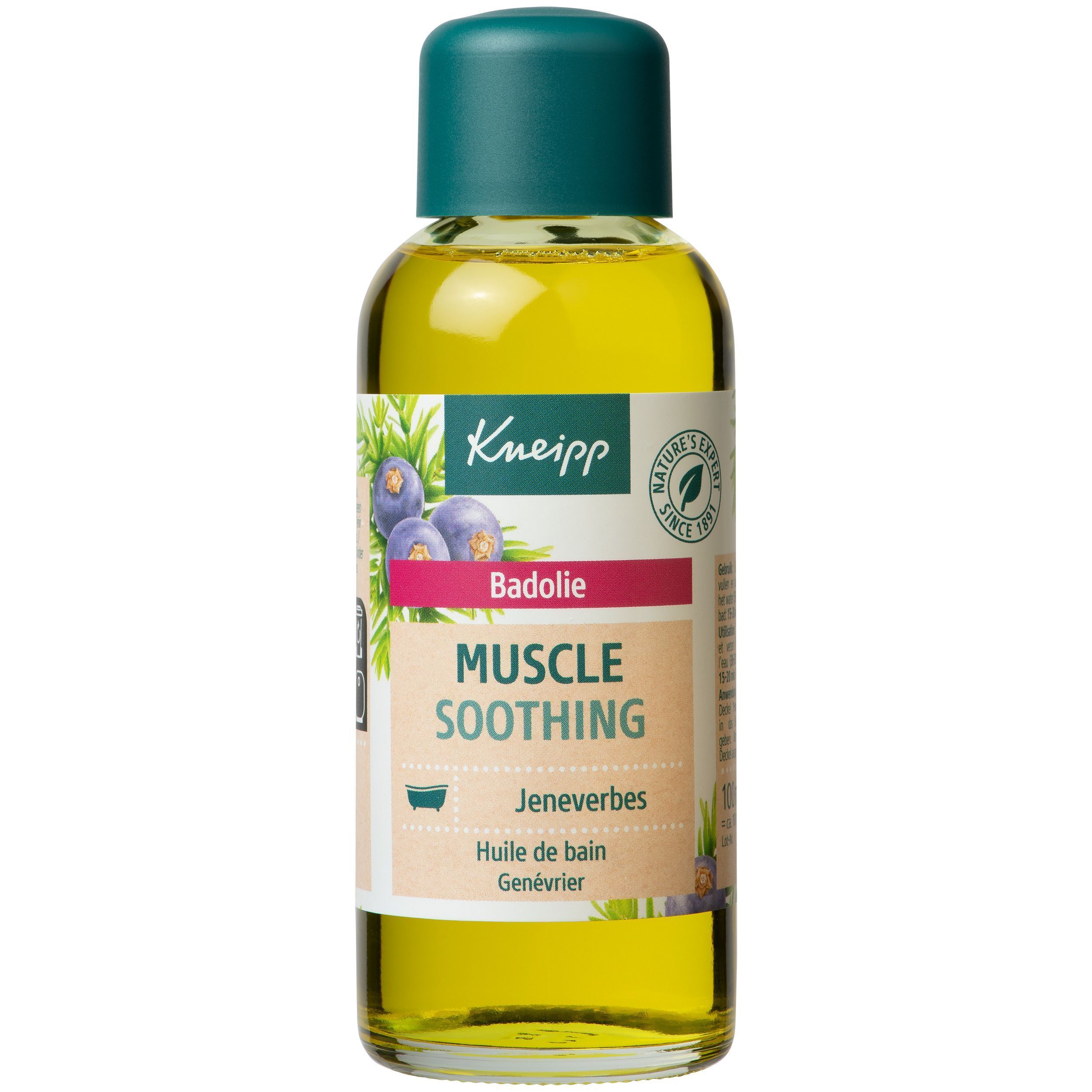 Een fles met groene dop en etiket. Opschrift: Kneipp Muscle Soothing. Productafbeelding met jeneverbessen.