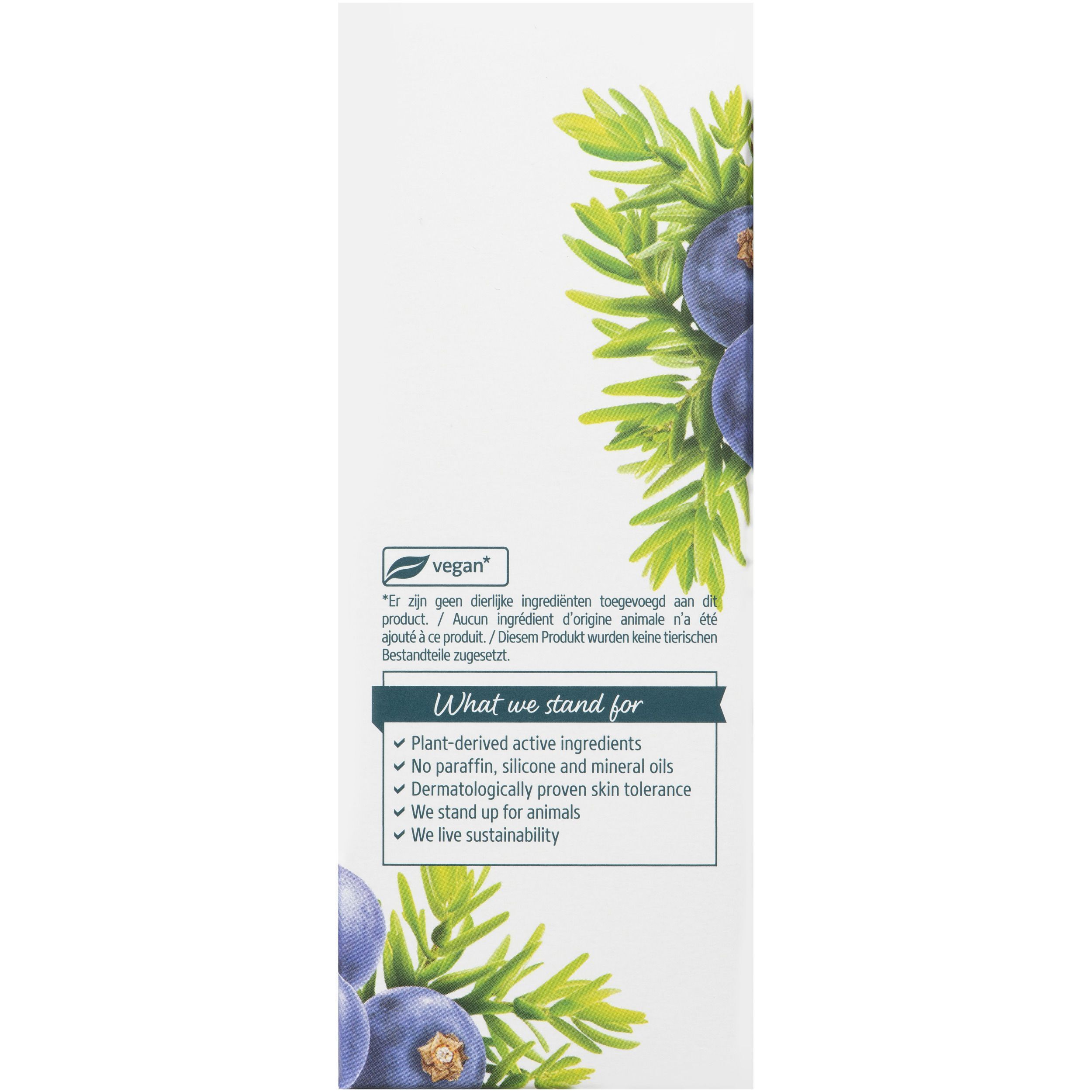 Emballage blanc avec texte et illustration. Inscription : Vegan. Liste des ingrédients. Illustration de baies et branches de genièvre.