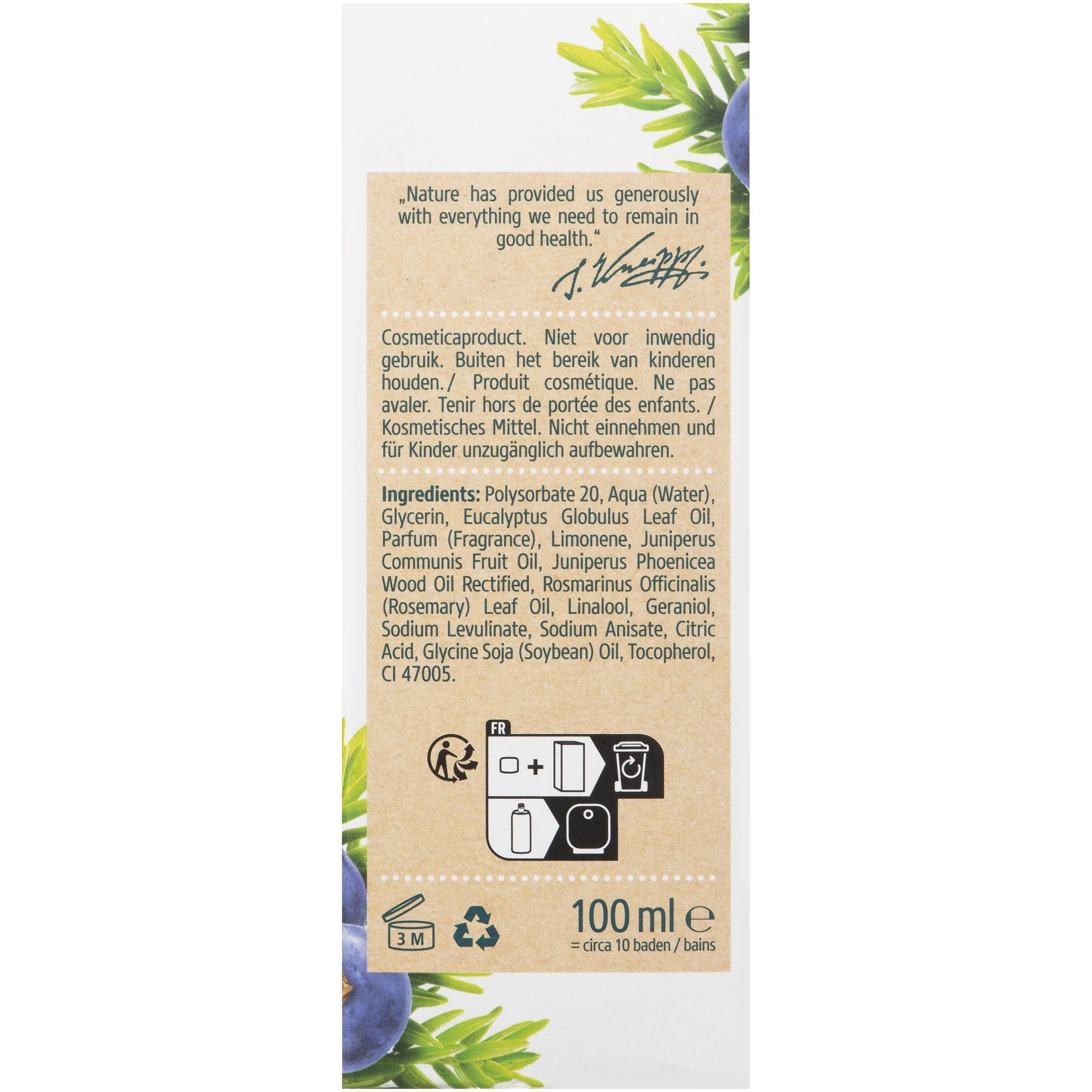 Witte verpakking met tekst en illustratie. Ingrediënten, gebruiksaanwijzing en recyclingsymbolen. 100 ml.
