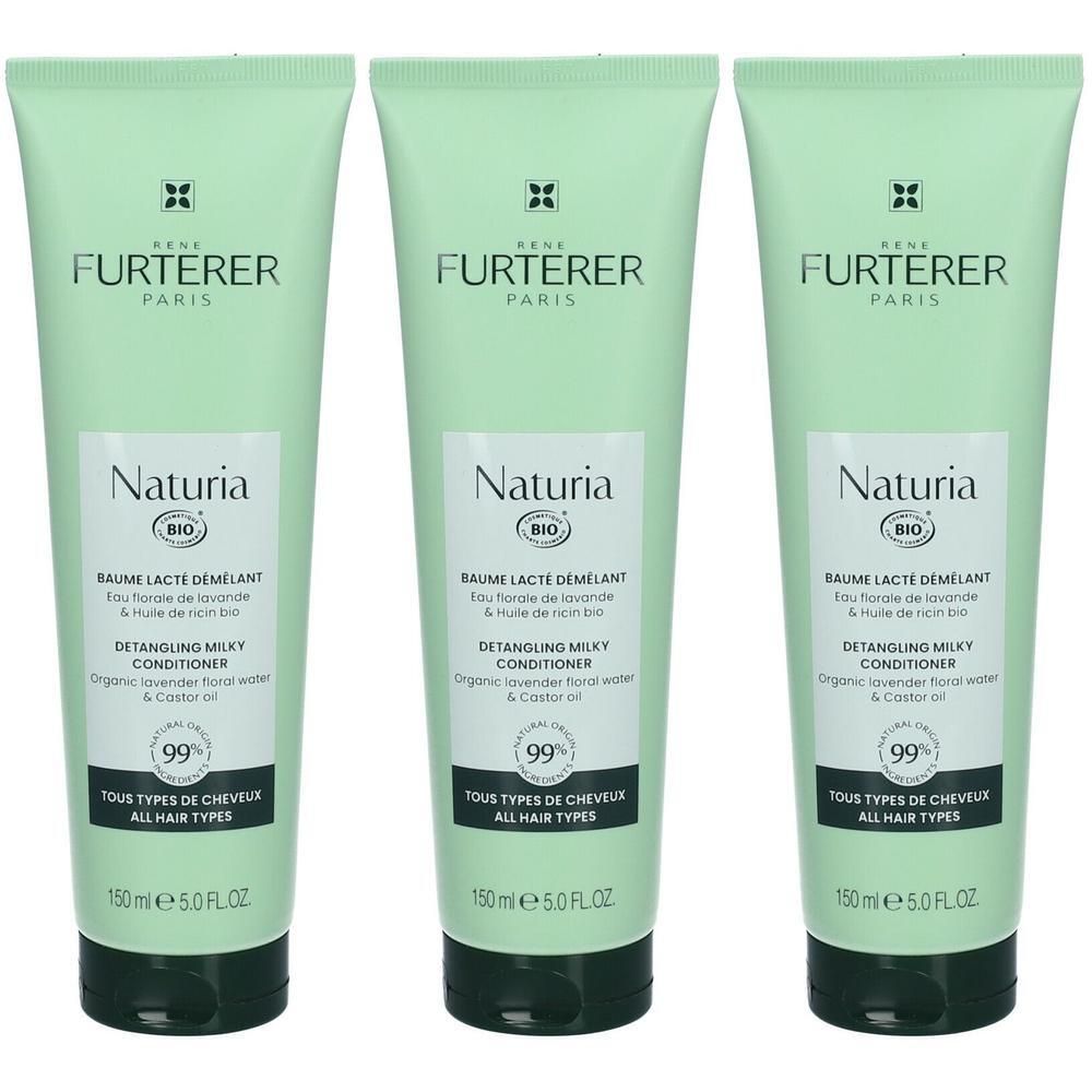 Trois tubes verts. Inscription: René Furterer, Naturia, Baume Lacté Démêlant, Detangling Milky Conditioner, 99% et logo Bio.
