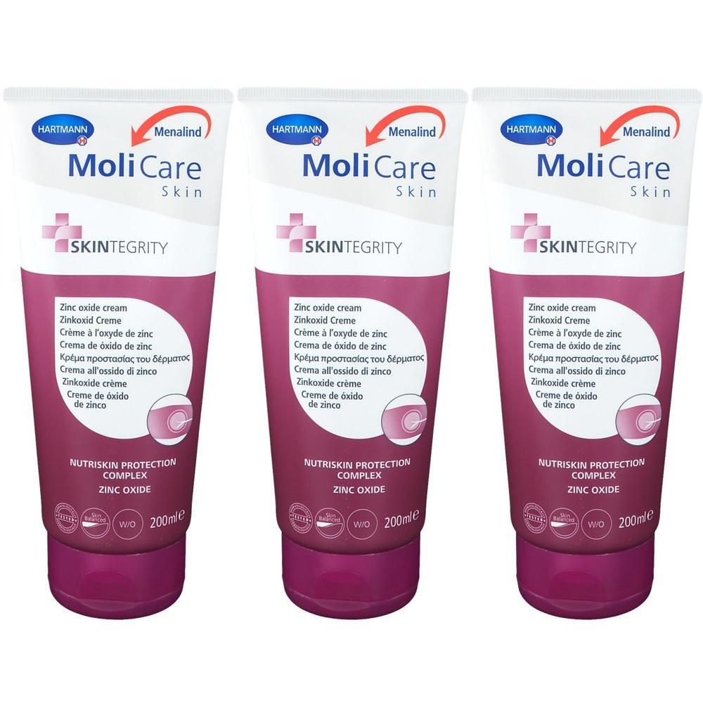 Trois tubes de crème MoliCare Skin au zinc. Tubes blancs avec des accents violets. Inscription: Crème à l'oxyde de zinc, SKINTEGRITY, NUTRISKIN PROTECTION COMPLEX.