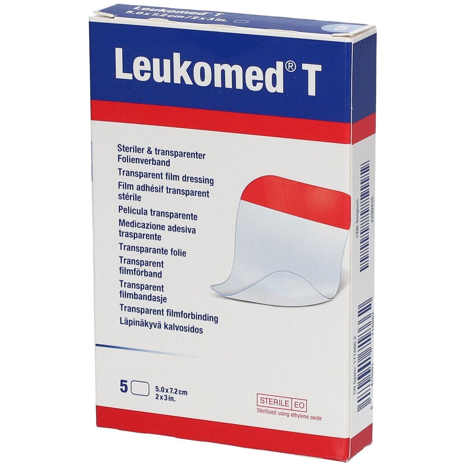 Boîte de Leukomed® T. Emballage bleu et blanc avec illustration du produit. Contient 5 pansements film transparents, 5,0 x 7,2 cm.