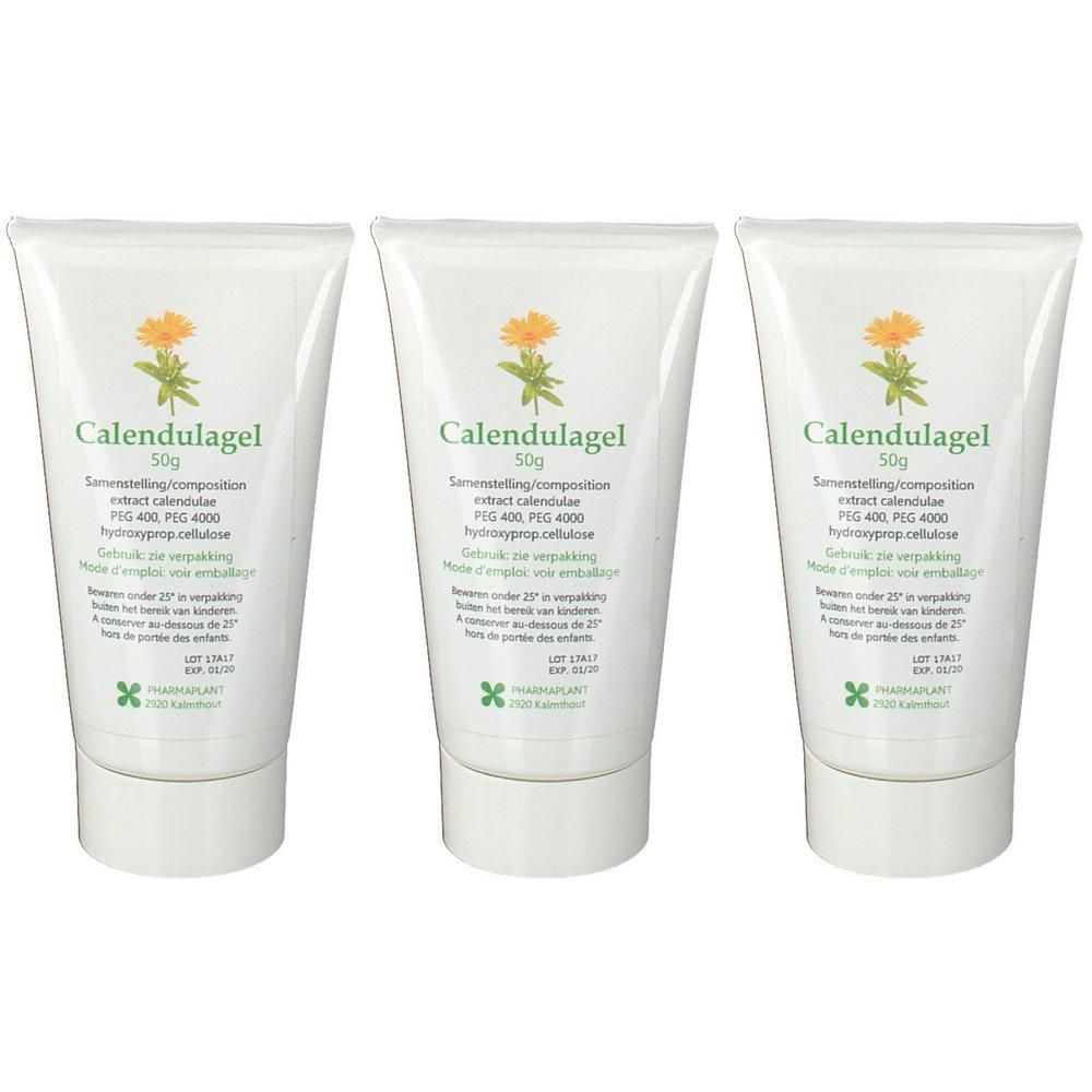 Drie tubes Calendulagel. Witte tubes met bloemenlogo en productinformatie. Opschrift: Calendulagel 50g.