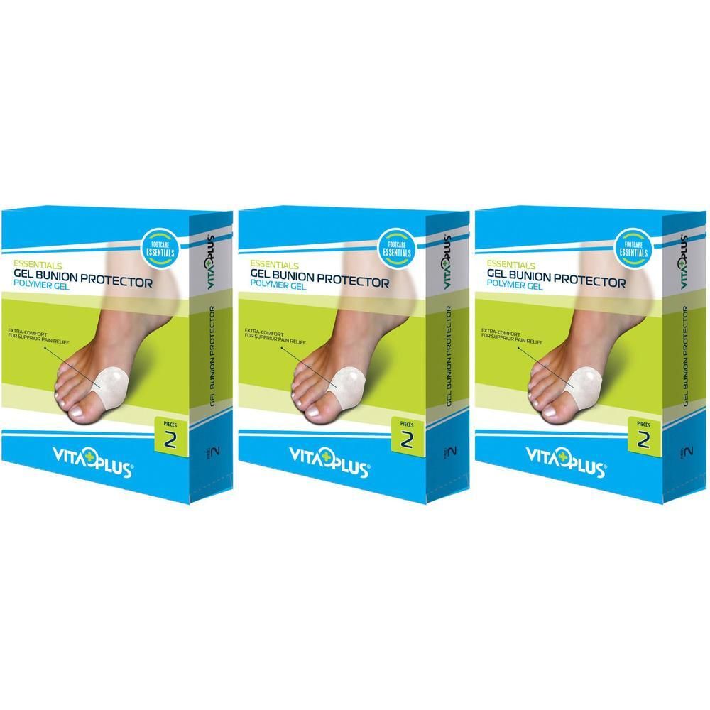 Drie dozen van het product. Elke doos toont een voet met een gel teenbeschermer. Tekst: Gel bunion protector.