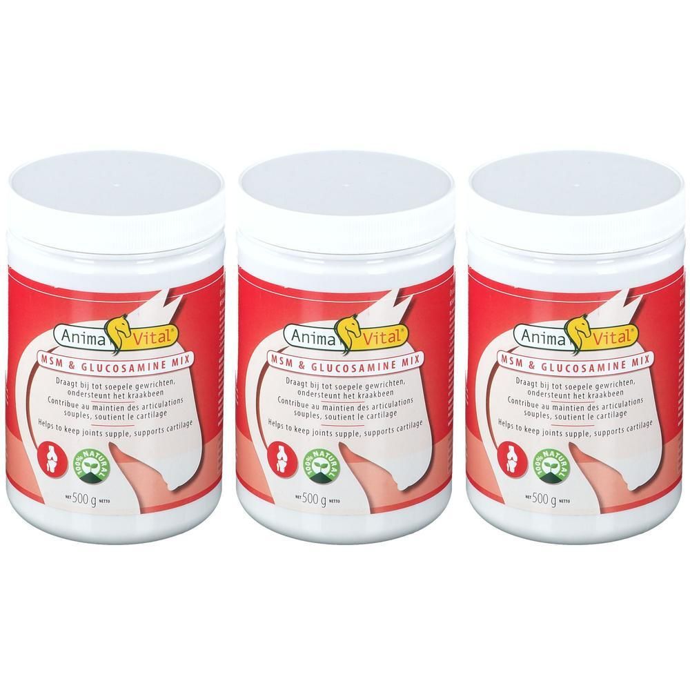 Drie witte potten met een rood etiket. Op het etiket staat "Anima Vital MSM & Glucosamine Mix". Opschrift: "500 g".