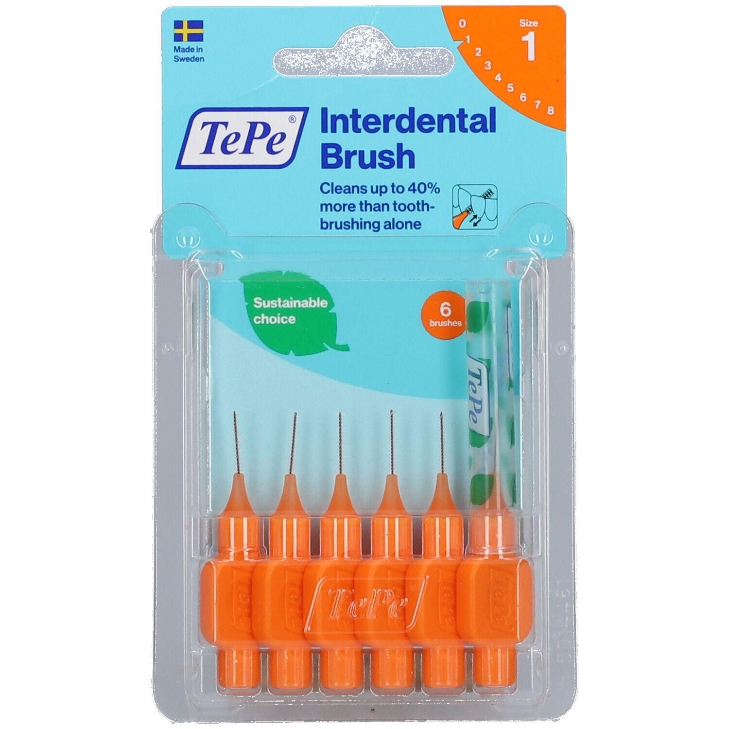 Paquet de 6 brossettes interdentaires oranges. Marque TePe. Emballage plastique avec informations et indication de taille.