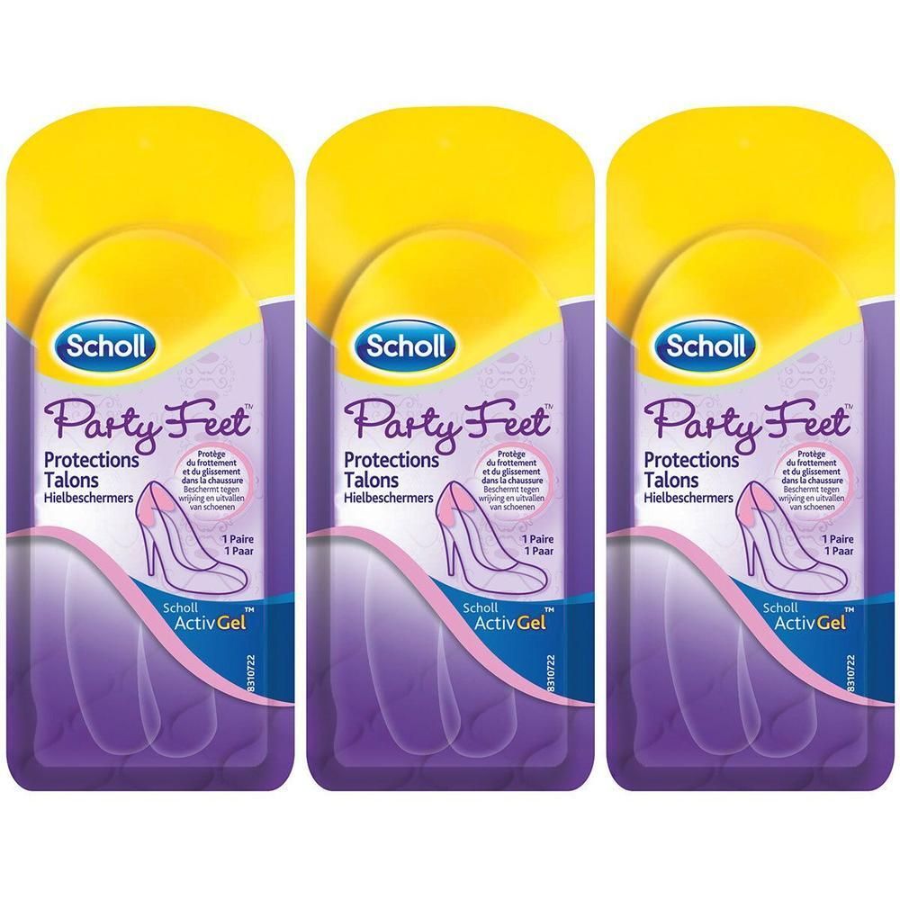 Drie verpakkingen Scholl Party Feet hielbeschermers. Elke verpakking bevat een paar. Gel inlegzolen.