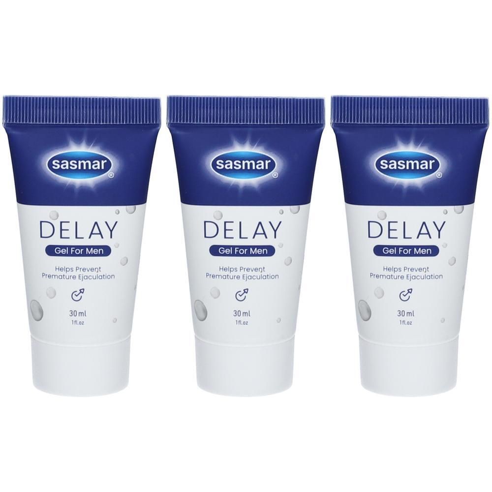 Trois tubes bleus et blancs. Inscription "sasmar", "DELAY Gel For Men" et "30ml" sur chaque tube.