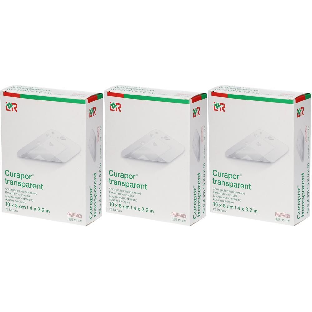 Trois boîtes de Curapor transparent. Le nom du produit et la taille 10 x 8 cm / 4 x 3,2 pouces sont indiqués sur chaque boîte.
