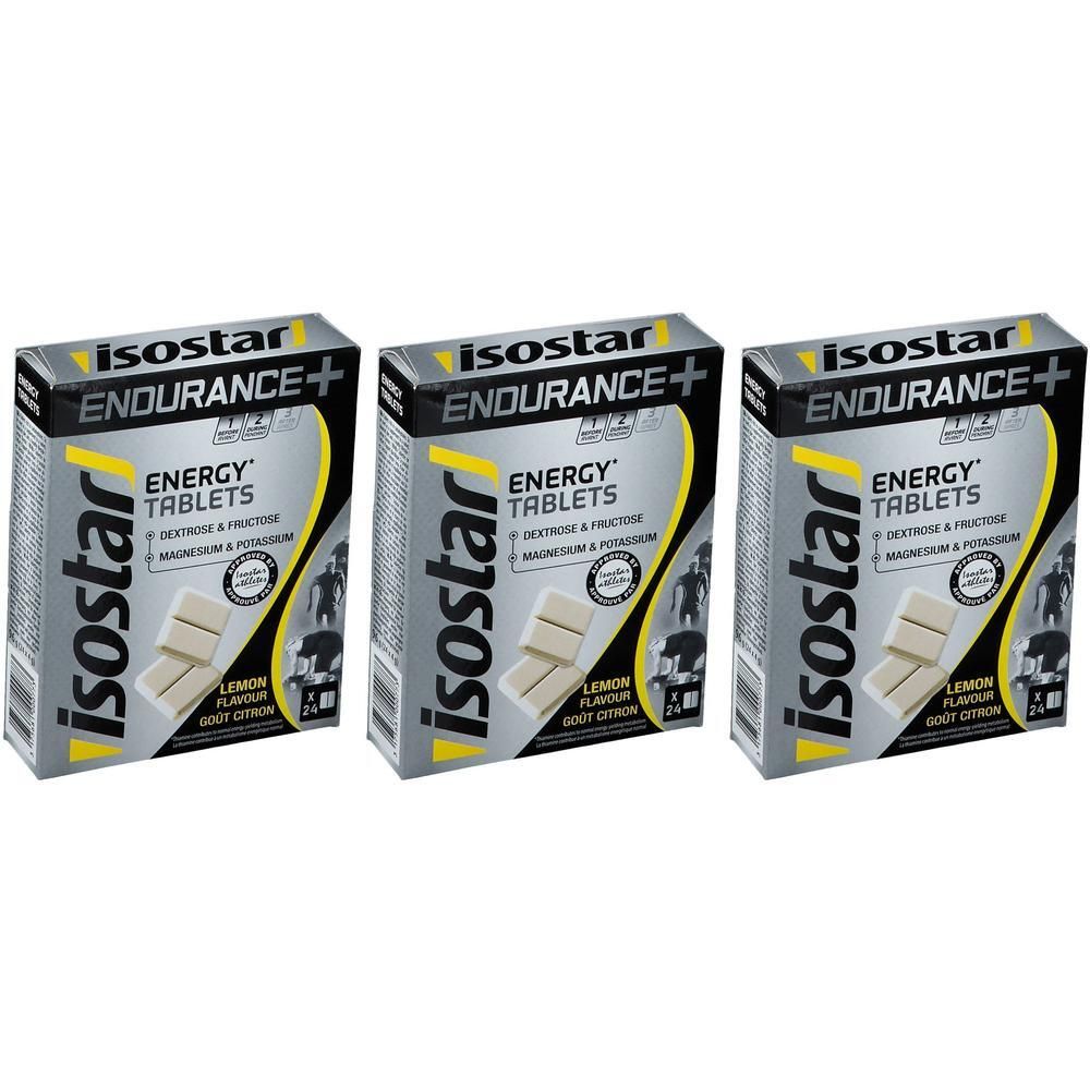 Trois boîtes de comprimés ISOSTAR Endurance+ Energy. Inscription : Energy Tablets, goût citron. Emballage gris et jaune.