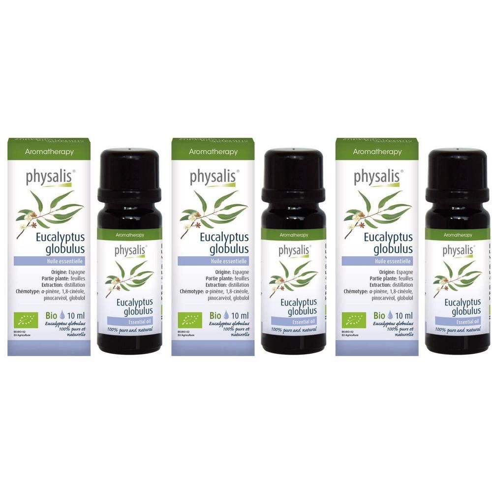 Cinq flacons et emballages. Inscription: Physalis Eucalyptus Globulus, Bio. Aromathérapie. Huile essentielle 100% pure.