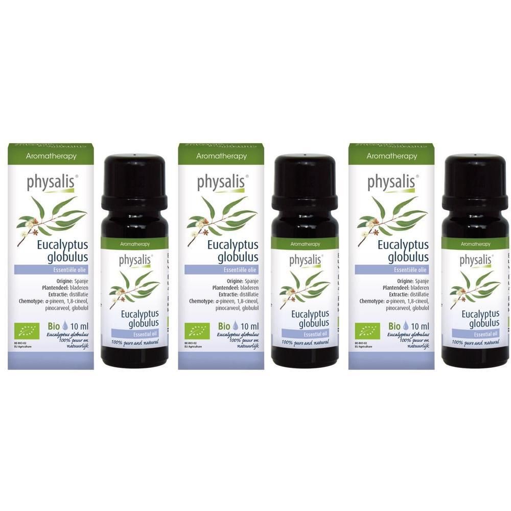 Vijf flessen en verpakkingen. Opschrift: Physalis Eucalyptus Globulus, Bio. Aromatherapie. 100% pure essentiële olie.