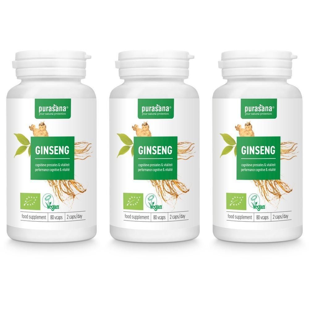 Trois flacons blancs Purasana Ginseng. Chaque flacon porte l'inscription Ginseng et une feuille verte. Label Vegan.