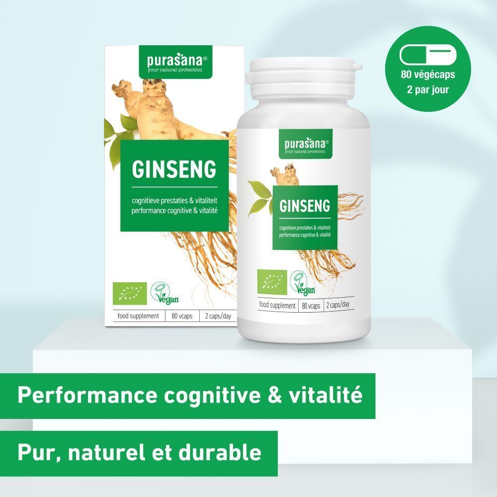 Emballage et flacon Purasana Ginseng. Inscription Ginseng, feuilles vertes et label Vegan. 80 gélules végétales, 2 par jour.