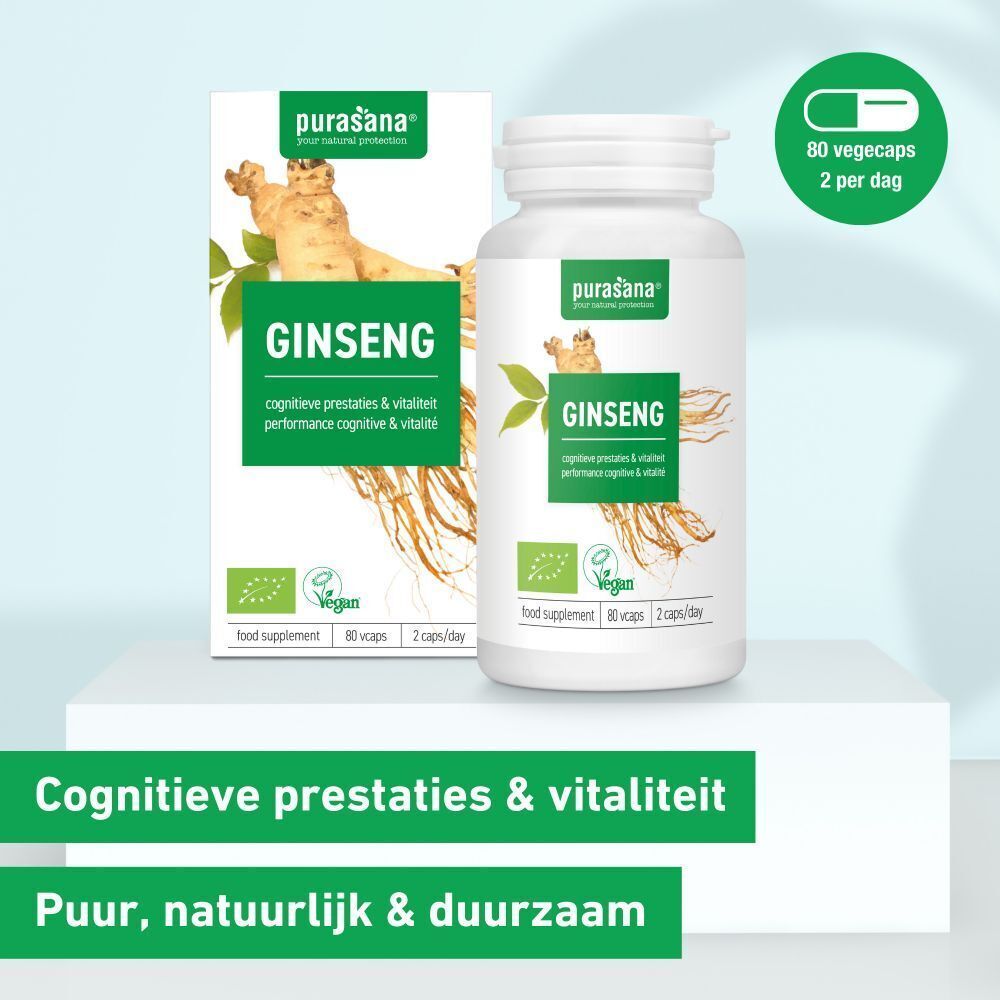 Purasana Ginseng verpakking en fles. Opschrift Ginseng, groene bladeren en Vegan-keurmerk. 80 vegicaps, 2 per dag.