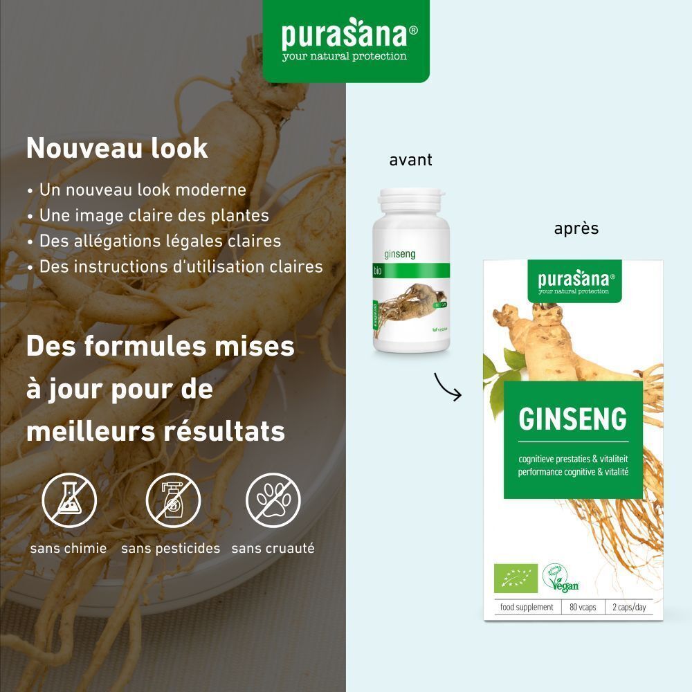 Comparaison des emballages Purasana Ginseng. À gauche : ancien design. À droite : nouveau design avec image de ginseng et label Vegan.