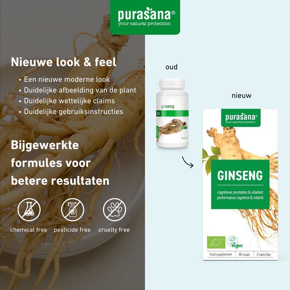 Vergelijking van Purasana Ginseng verpakkingen. Links: oud design. Rechts: nieuw design met ginseng afbeelding en Vegan-keurmerk.