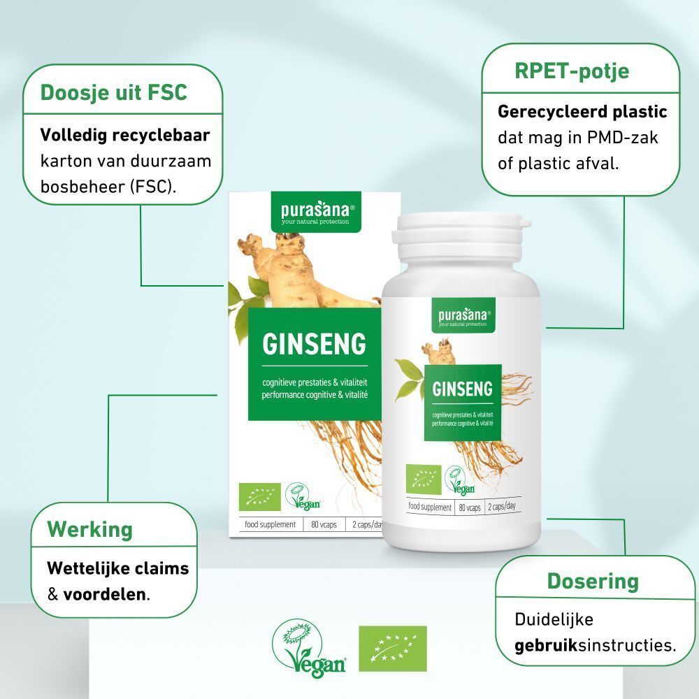 Purasana Ginseng verpakking en fles. FSC-gecertificeerde doos, gerecycled plastic, Vegan-keurmerk en doseringsinformatie.