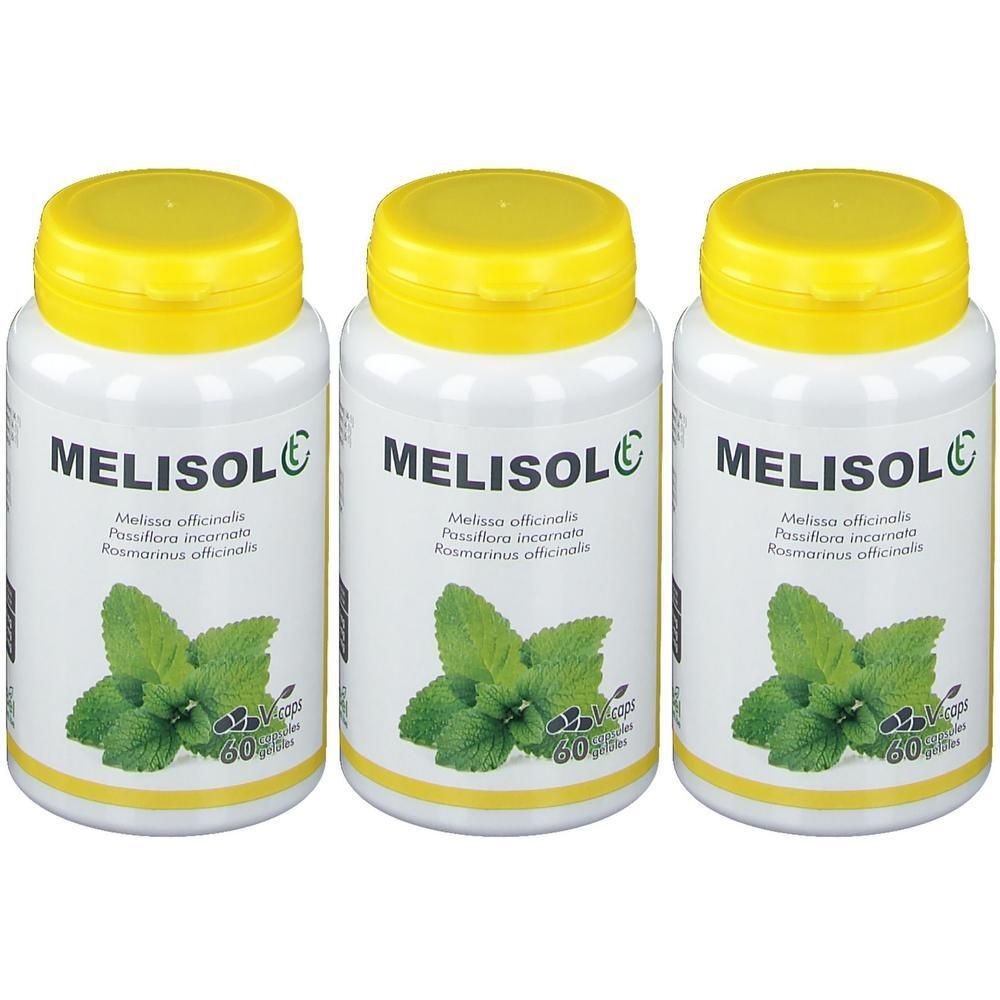 Trois flacons blancs avec des couvercles jaunes. Chaque flacon porte l'inscription « MELISOL » et un motif de feuille verte. Inscription : 60 caps.