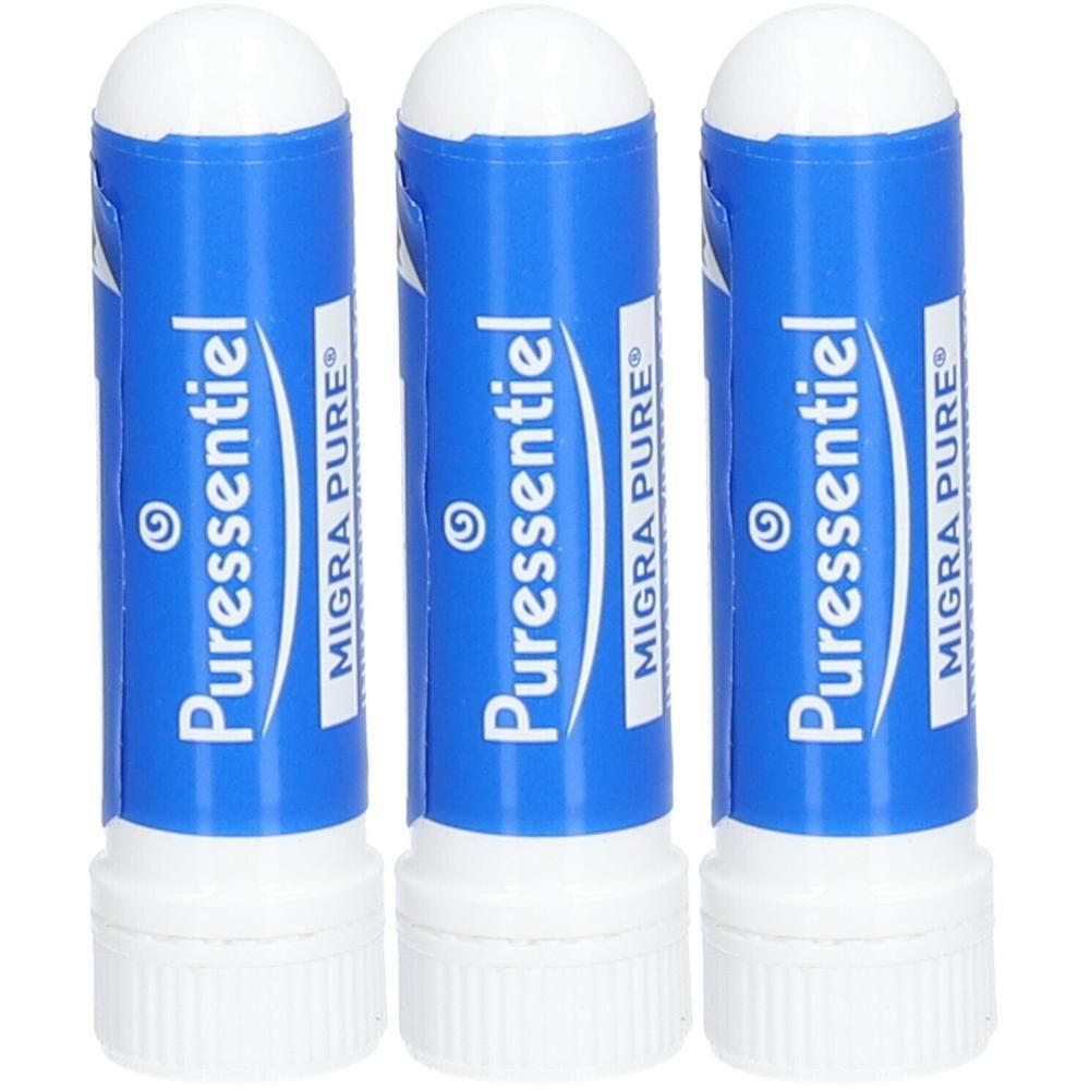 Drie blauwe en witte inhalers. Opschrift: Puressentiel, Migra Pure.
