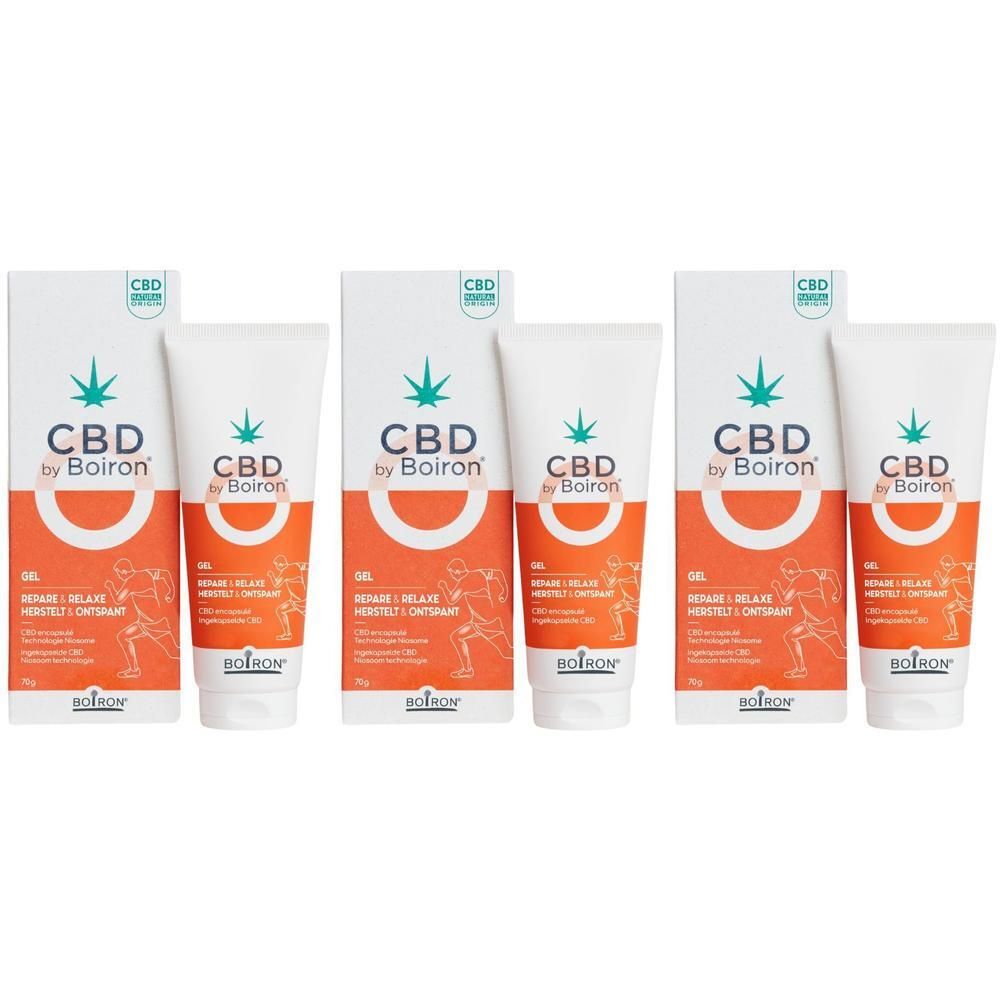 Trois tubes et emballages de CBD by Boiron Gel Repare & Relaxe. Blanc, orange et vert.