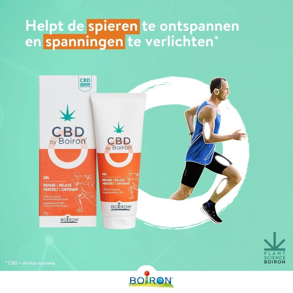 CBD by Boiron Gel Repare & Relaxe en een rennende man. Verpakking en tube.