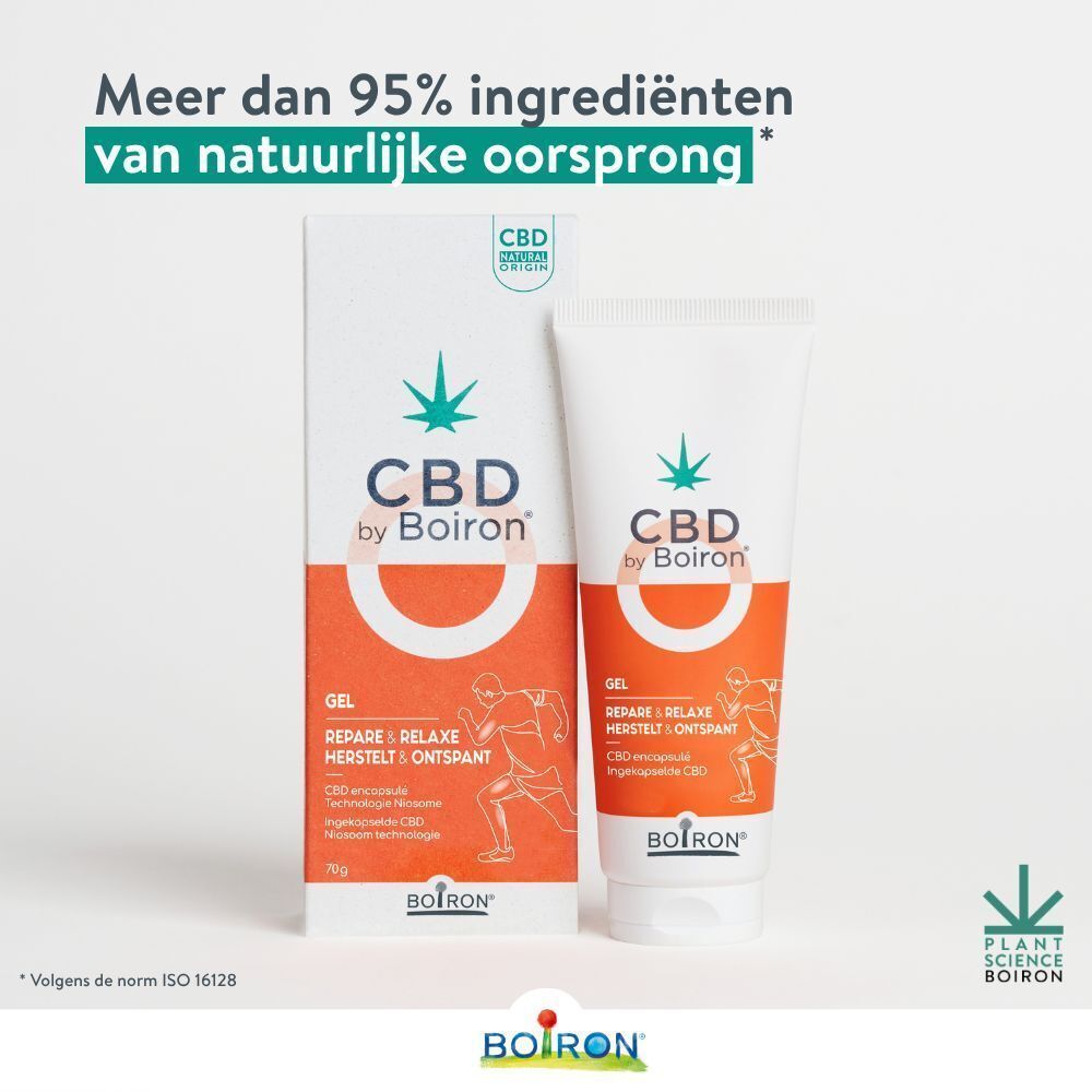 CBD by Boiron Gel Repare & Relaxe. Tube en verpakking. Meer dan 95% natuurlijke ingrediënten.