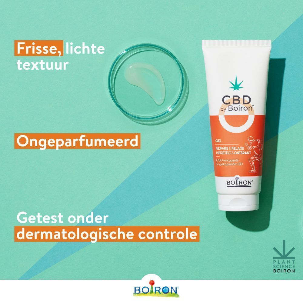 CBD by Boiron Gel Repare & Relaxe. Frisse textuur, ongeparfumeerd, dermatologisch getest.
