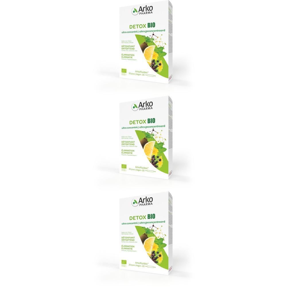 Drie witte dozen met groene en gele graphics. Opschrift: Detox Bio. Merk: Arko Pharma. Biologische certificering.
