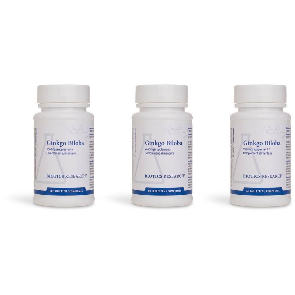 Trois flacons blancs avec étiquettes Ginkgo Biloba. Inscription: Biotics Research. 60 comprimés.