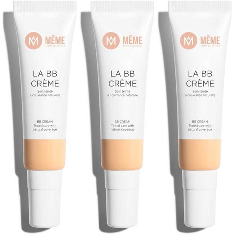 Drie tubes BB Crème. Wit, met tekst en tint onderaan. Merk: Même.