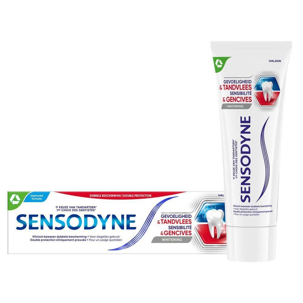 Tandpastatube en -doos. Opschrift: Sensodyne Sensibilité & Gencives Whitening. Groen-witte verpakking.