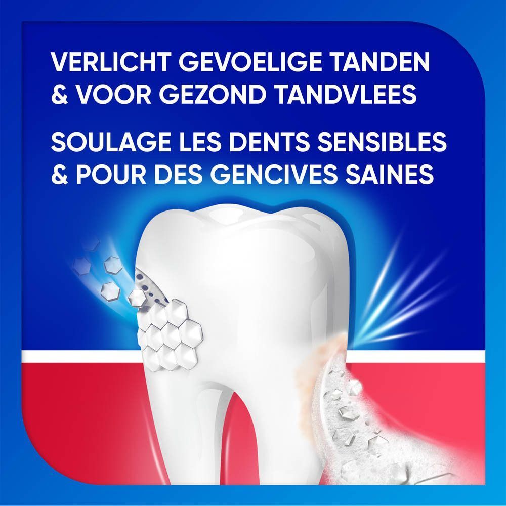 Grafische weergave van een tand met tekst: Verlicht gevoelige tanden en voor gezond tandvlees.