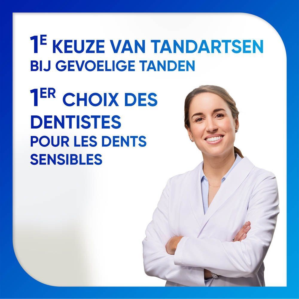 Een lachende vrouw in een witte jas. Tekst: 1e keuze van tandartsen bij gevoelige tanden.