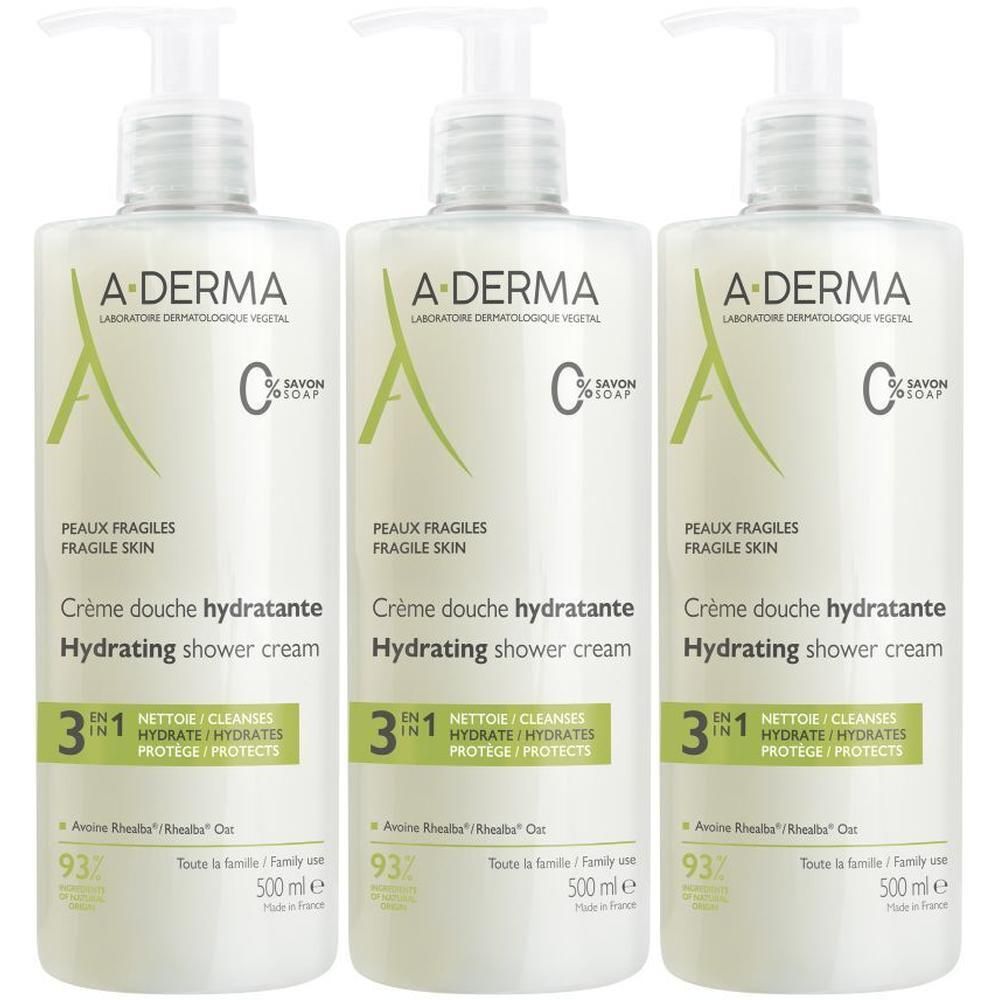 Drie flessen A-DERMA Crème douche hydratante. Witte flessen met pomp, groen logo en tekst.