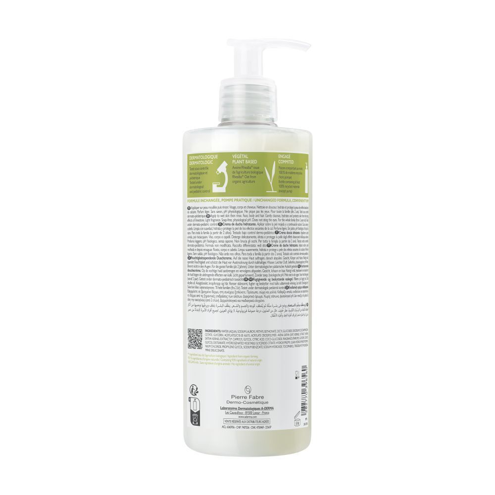 Achterkant van een A-DERMA Crème douche hydratante fles. Tekst en QR-code op witte achtergrond.