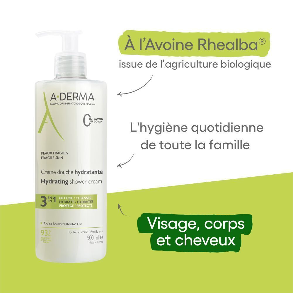 Flacon A-DERMA Crème douche hydratante avec texte et flèches. Texte: À l'Avoine Rhealba, Visage, corps et cheveux.