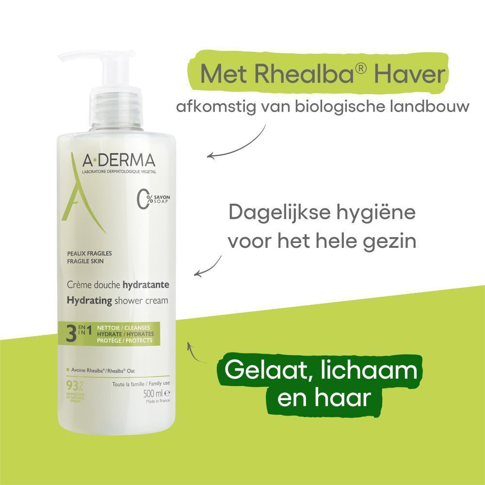 A-DERMA Crème douche hydratante fles met tekst en pijlen. Tekst: Met Rhealba Haver, Gelaat, lichaam en haar.
