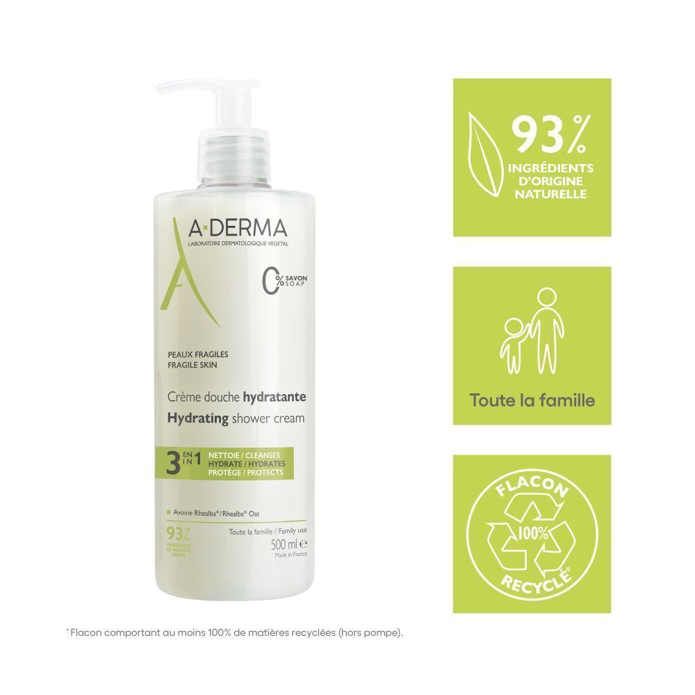 Flacon A-DERMA Crème douche hydratante avec symboles verts. 93% ingrédients naturels, famille, recyclage.