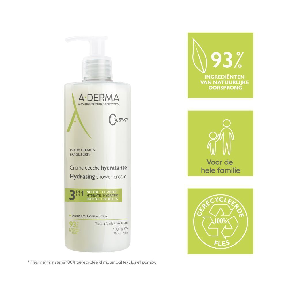 A-DERMA Crème douche hydratante fles met groene symbolen. 93% ingrediënten van natuurlijke oorsprong, familie, recycling.